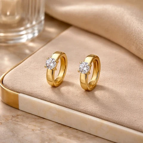 Wide Gold Huggie Earrings with Large Crystal