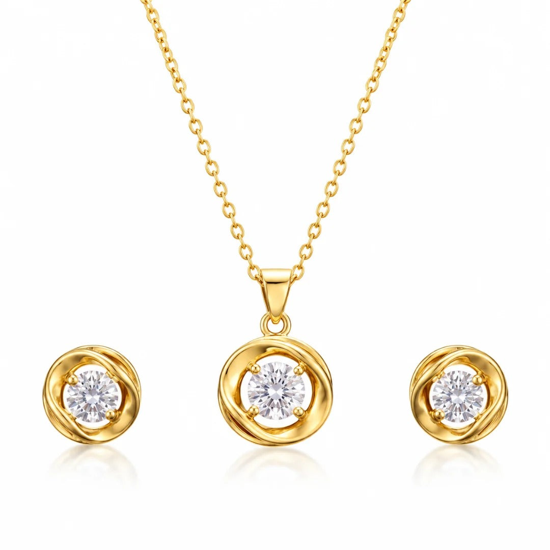 Gold Swirl Pendant Set with Round Solitaire