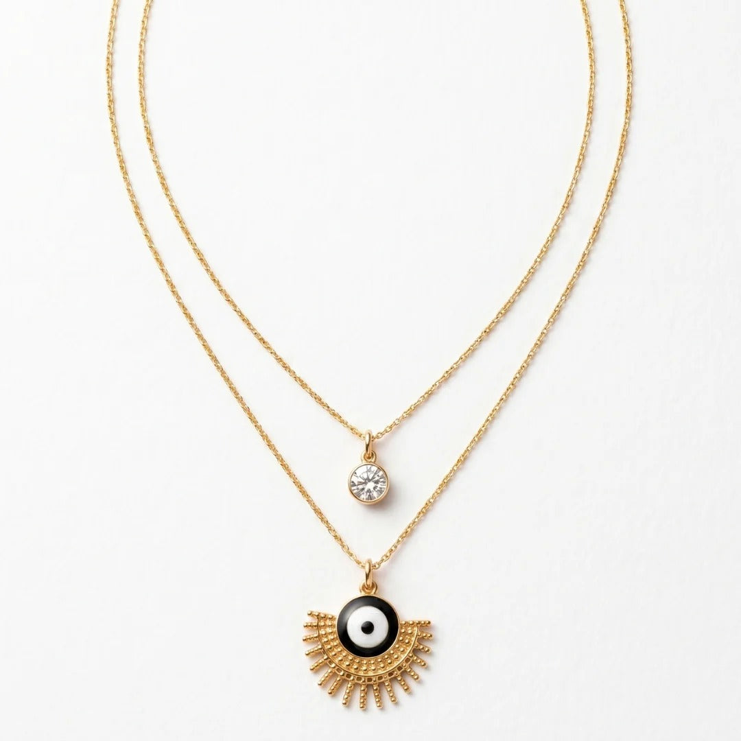 Double Chain Crystal & Black Evil Eye Pendant