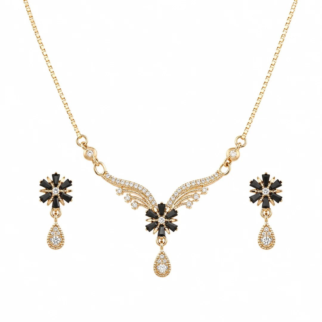 Wedding Wear Black Flower Pendant and Earrings Set