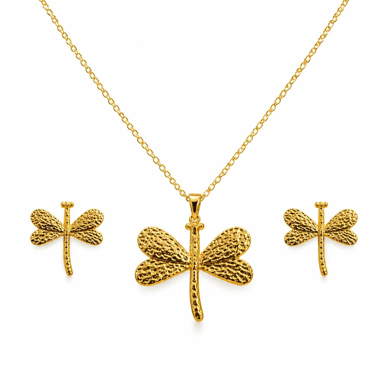 18K Gold Textured Dragonfly Jewelry Set