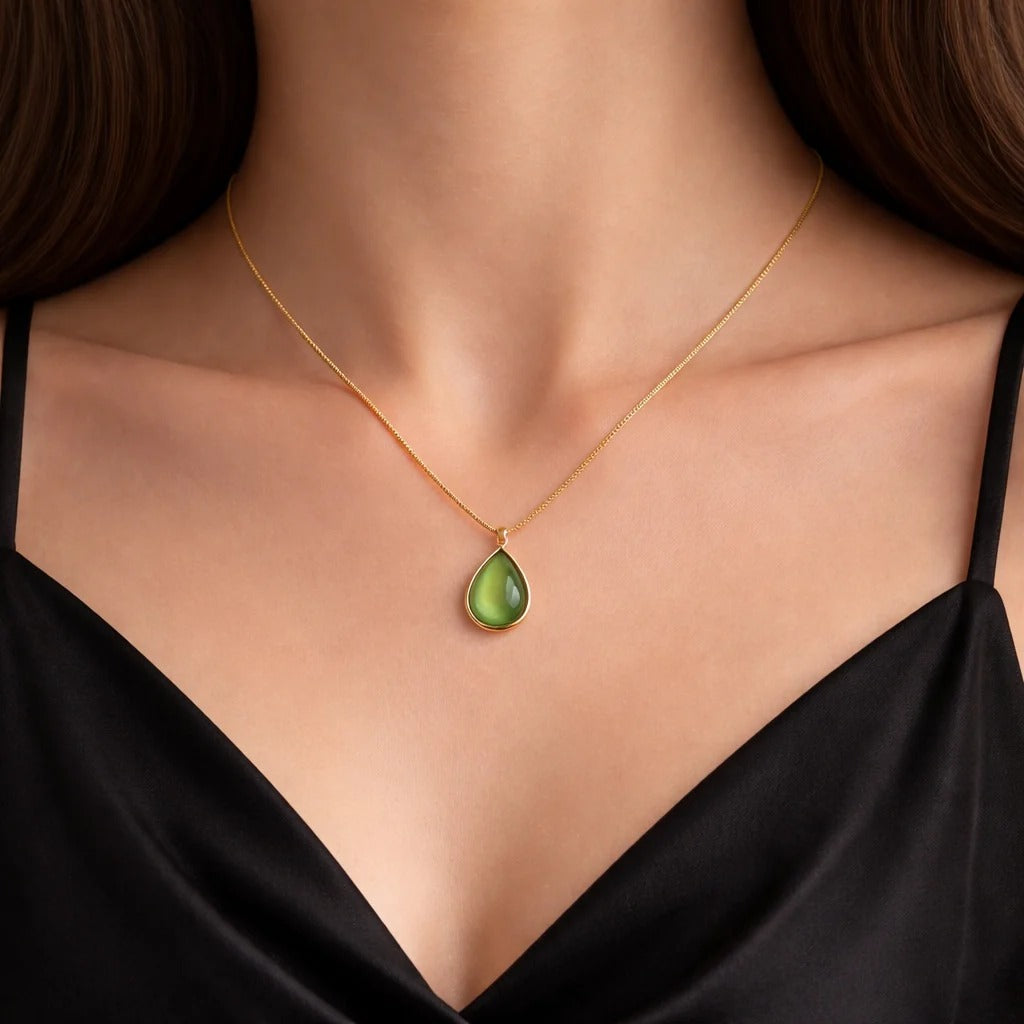 Green Teardrop Gold Snake Chain