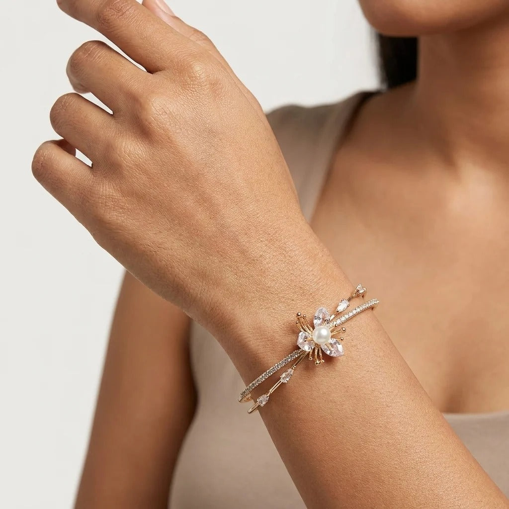 Crystal Halo & Pearl Open Bracelet