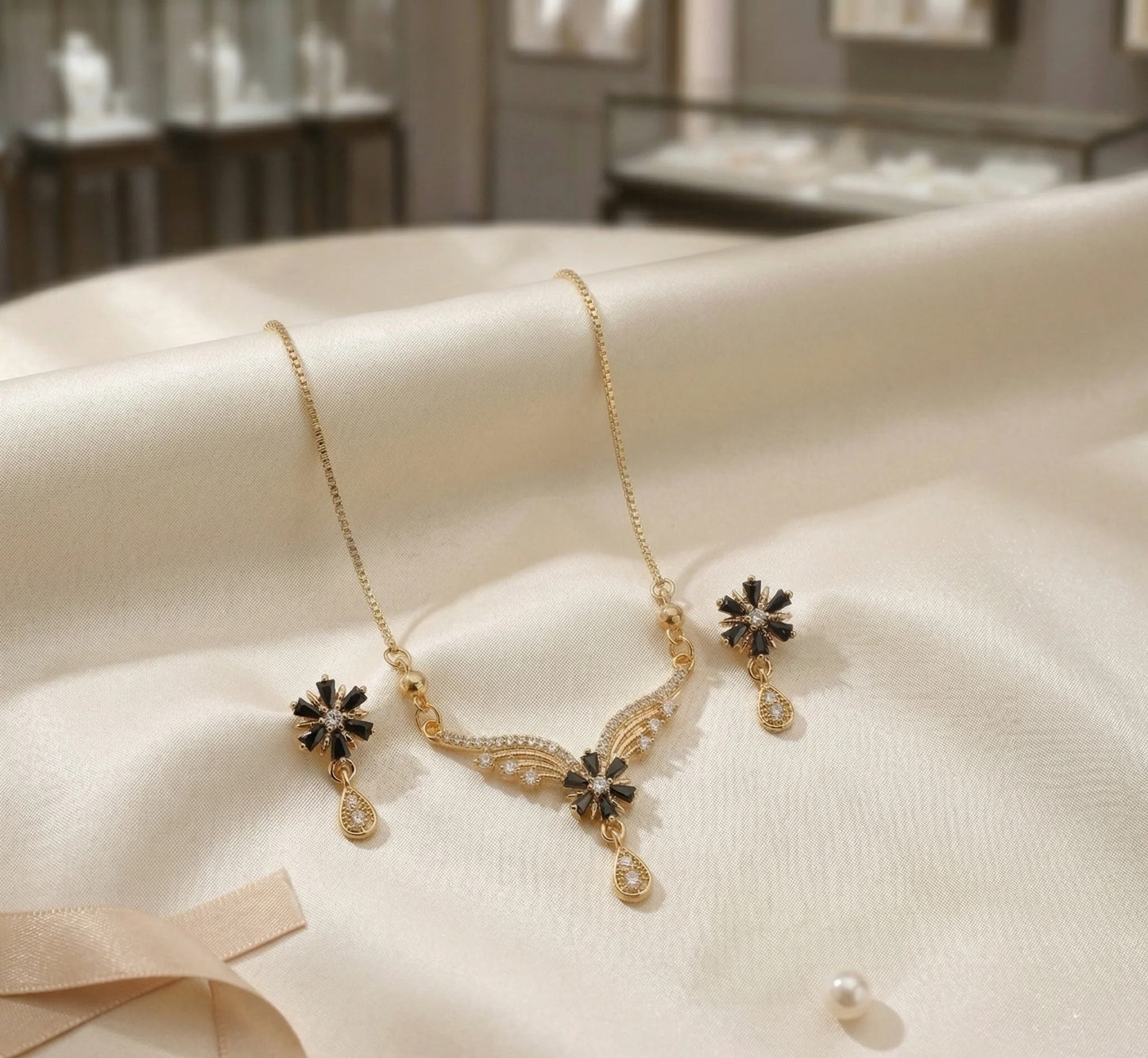 Wedding Wear Black Flower Pendant and Earrings Set