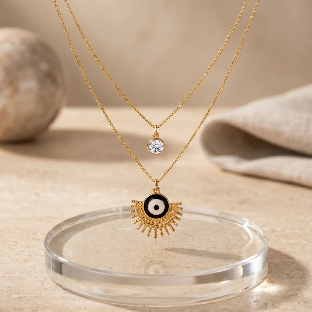 Double Chain Crystal & Black Evil Eye Pendant