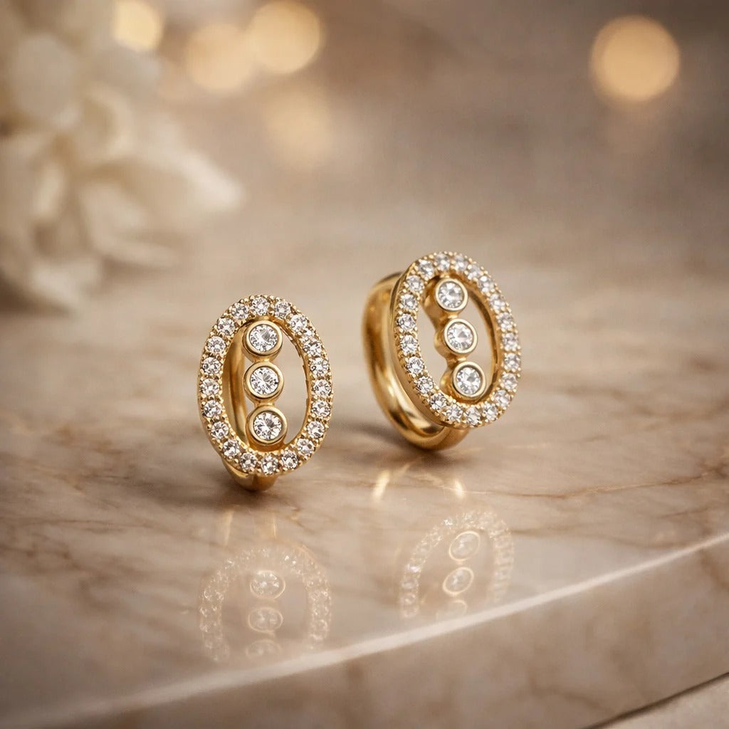 Gold Oval Halo Earrings with Three Crystals