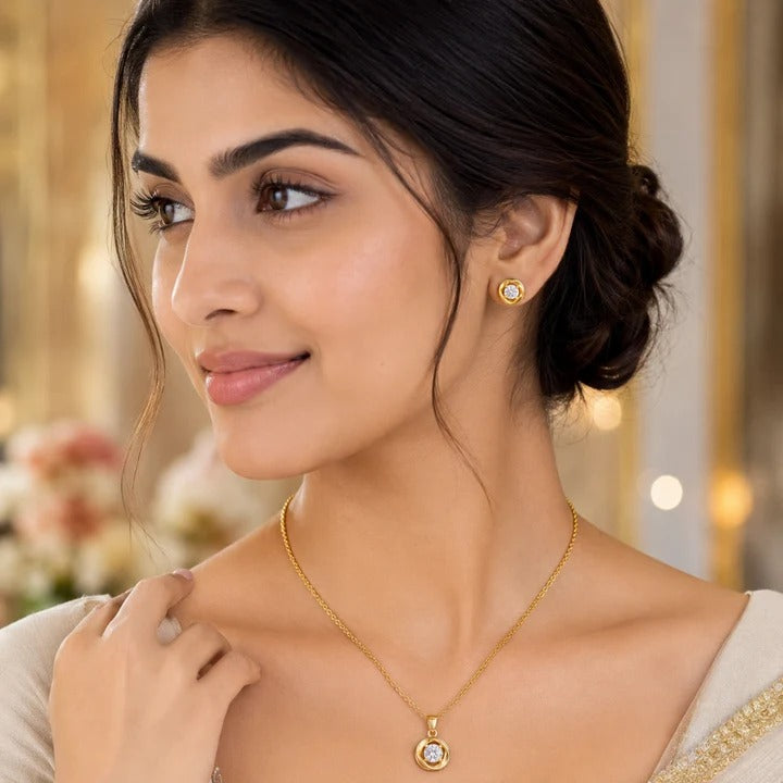 Gold Swirl Pendant Set with Round Solitaire